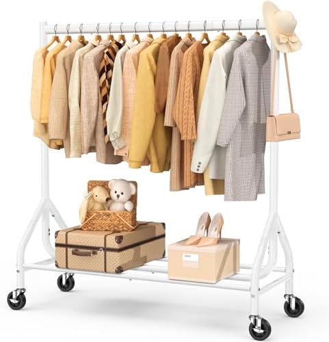 EAGMAK Heavy Duty Clothes Rack Load 420 LBS, 47.2" Long Rolling Garment Rack with Lockable Wheels, Standing Metal Clothing Hanger, Portable Wardrobe Sturdy Coat Organizer for Hanging Clothes (White) by EAGMAK