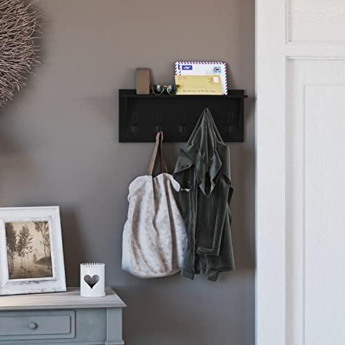Merrick Lane Enid Hanging Storage Rack - Black Pine Wood - 24 Inch Wide - 5 Hanging Hooks - Wall Mounting Hardware Included by MerrickLane