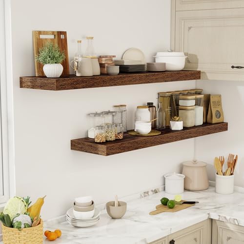 Acovy 55 Inch Floating Shelves, 12" Deep Floating Shelf Wall Mounted, 55" Wall Shelves, Rustic Deep Bookshelf, Extra Deeper & Thicker Display Shelves for Bedroom, Living Room, Brown, Set of 2 - Image 2