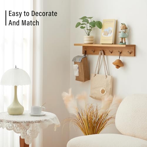 Wall Hooks with Shelf Oak Wood Coat Rack Shelf Wall Mounted, Entryway Shelves with 5 Metal Hangers for Clothes Hats Towel for Bathroom, Bedroom, Living Room (Natural, 20 inches) - Image 5