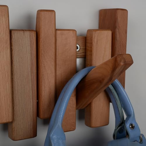 Beech Piano Key Coat Rack with 4 Flip Hooks, Natural - Image 4