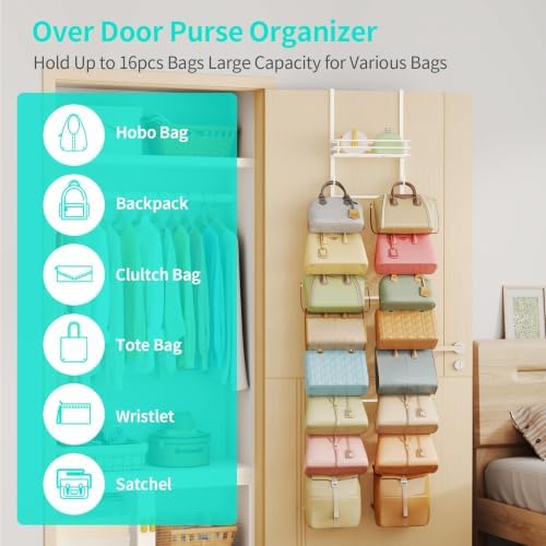 HapiRm Over the Door Purse Organizer - Wall Mounted Purse Rack with 16 Hooks and Metal Basket, Hanging Handbag Organizer Holds up to 16 Bags, Bag Rack Can Use As 1/2 Part, for Door, Closet (White) - Image 3