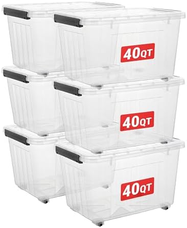Cetomo Plastic Storage Bins, Lidded Storage Box with Wheels for Home Office Dorm, Wheeled, Stackable, Clear, 40Quart-6 Pack by Cetomo