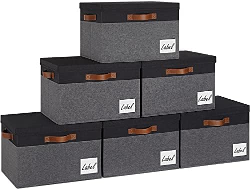 GhvyenntteS Storage Bins with Lids 6 Pack, Large Storage Baskets with Lid and 3 Handles, Foldable Fabric Storage Boxes with Lid and Label for Home Office (Grey&Black, 15" x 11" x 9.7") by GhvyenntteS