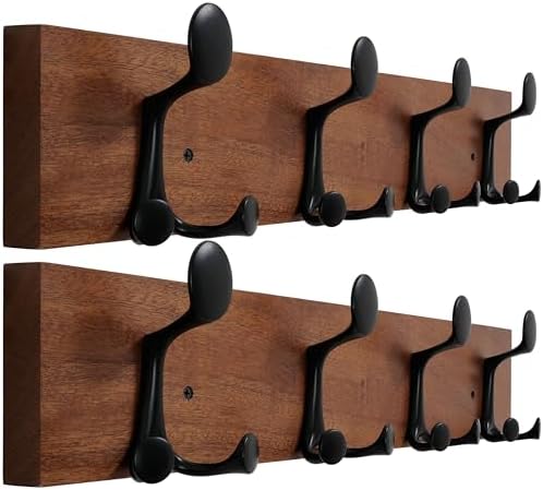 WEBI Coat Rack Wall Mount,24" Solid Wood Coat Hooks Wall Mounted Coat Hanger,16" Hole to Hole,Heavy Duty 4 Triple Hooks for Hanging Coats,Jacket,Hat,Backpack,Farmhouse,Reddish Brown,2 Packs by WEBI