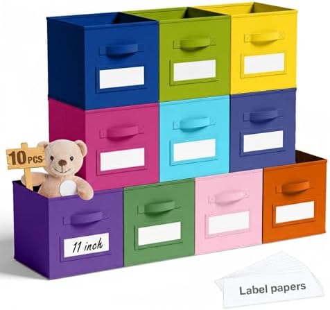 Teenyyou 10 Pack Fabric Storage Cubes 11 Inch Collapsible Cube Bins with Label Window & Handle Foldable Organizers Baskets for Shelf Closet Nursery Kids Room Clothes Book Toy(Candy) by Teenyyou