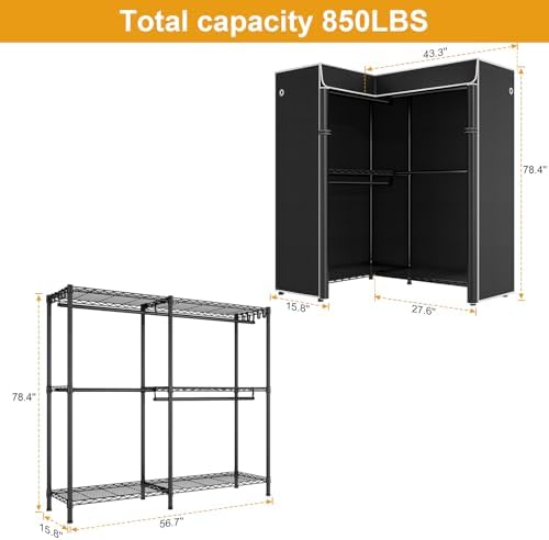 ULIFHOME E15C Garment Rack L Shaped Clothes Rack for Corner，Freestanding Clothing Racks for Hanging Clothes，Heavy Duty Closet Organizer 43.4"W x 15.8"D x 78.4"H，Black Rack with Black Dustproof Cover - Image 3