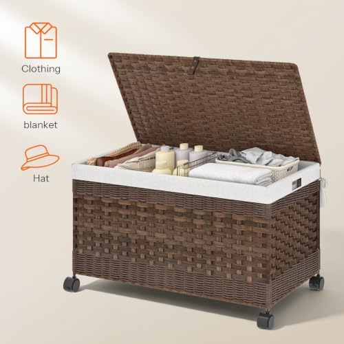 HOOBRO Storage Basket with Lid, 42.3 Gallon (160 L) Woven Storage Bin with Wheels, Wicker Basket with Handles, Foldable, Removable Liner, Metal Frame for Bedroom, Laundry Room, Brown BR246CW01 - Image 7