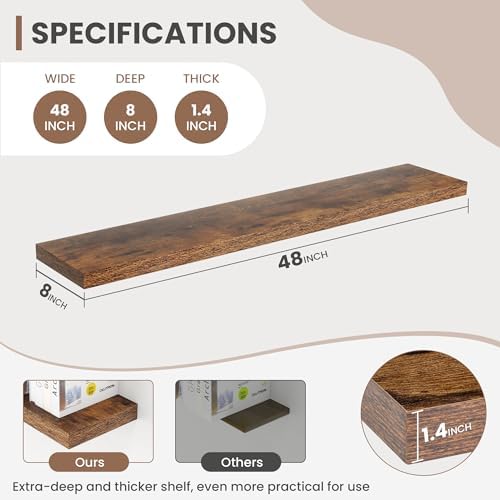 Acovy 48 Inch Floating Shelves, 8 Inch Deep Floating Shelves for Wall, Hanging Shelf with Invisible Brackets, Deep Shelves for Bathroom, Bedroom, Living Room, Brown, Set of 1 - Image 3