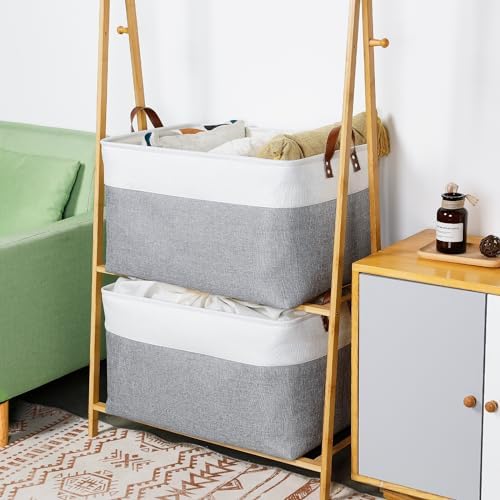 DULLEMELO Extra Large Storage Baskets for Organizing 22"x15"x13" Foldable Fabric Storage Baskets Organizer Bins with Handles Large Storage Basket for Shelves Closet Toys Books (White&Grey) - Image 4