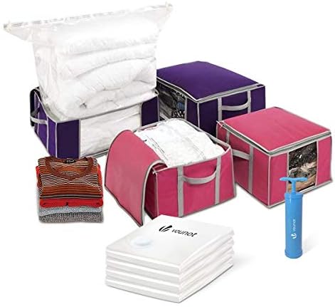 VOUNOT Set of 4 Vacuum Storage Bag Large Capacity XXL | 4 Vacuum Bags with 4 Storage Boxes | 2 Small Model 154L and 2 Large Models 484L | Compression Bag- Compression Box, Multi-Coloured by VOUNOT