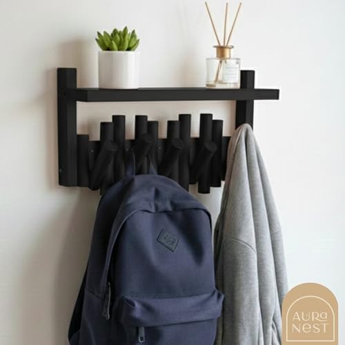 Bamboo Wall Mounted Coat Rack with Shelf Flip Down Wooden Hooks for Entryway Hallway Bedroom | Matte Black Piano Hanger, 5 Hooks, Space Saving Organizer - Image 7
