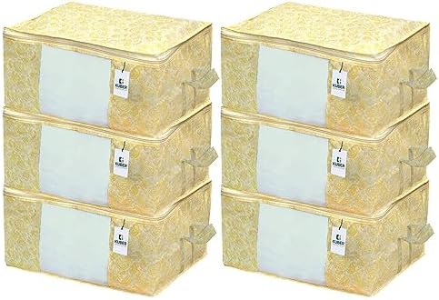 Kuber Industries Foldable Underbed Storage Bag|Organizer For Clothes Large|Non-Woven Comforter, Blanket Cover|Metalic Print & Side Handle|Pack of 6 (Yellow & Cream) by Kuber+Industries