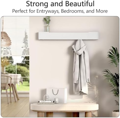 Coat Rack Wall Mount with Shelf 8 Hidden Hooks Modern Wooden Key Holder Entryway Organizer for Hallway Bedroom Bathroom Home Decor Storage for Hanging Coats Hats Bags Towels, White - Image 5