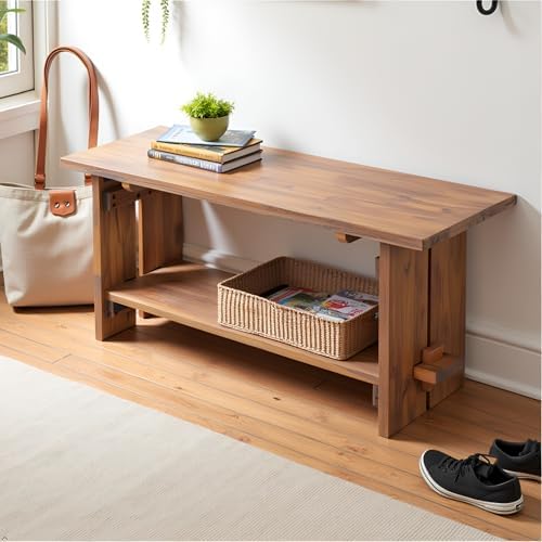 Alaterre Bethel Rustic Solid Wood Entryway Bench with Shelf, Natural - Image 7