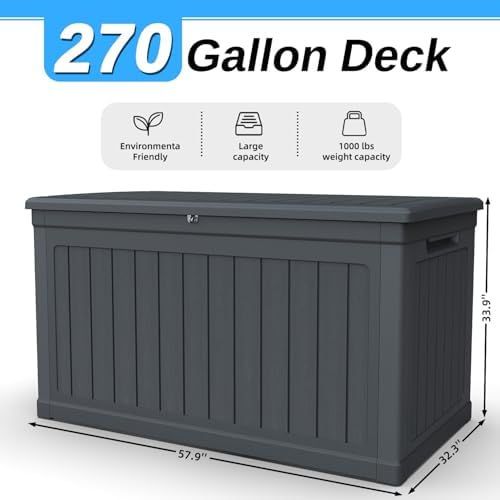 270 Gallon Deck Box, Resin Outdoor Indoor Waterproof Storage Box, Lockable Storage Box With Handle for Patio Furnitures - Garden Tools - Swimming Pool Tools UV - Resistant (Black) - Image 2