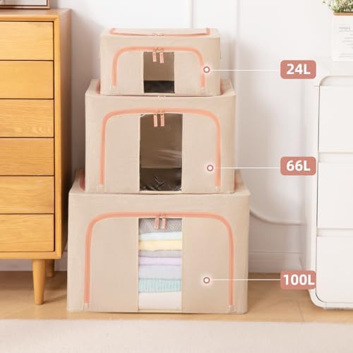 GuliPostan 3 Pack 66L Stackable Clothes Storage Bins with Metal Frame Handles & Zipper, Collapsible Closet Organizer Box with Lid for Bedding Blankets Towel (Beige) - Image 5