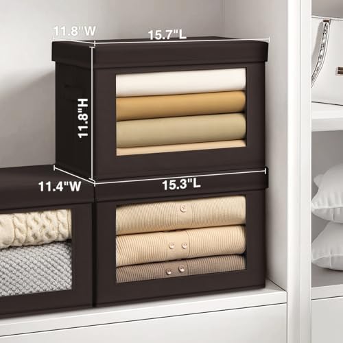 Homsorout Stackable Storage Bins with Lids - Large Decorative Basket with Lids, Fabric Foldable Closet Organizer Bins, Shelf Organizer for Living Room, Dorm, 5 Pack, Brown - Image 2