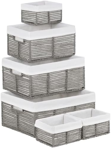 Vagusicc Wicker Storage Basket, 6 Pack Baskets for Organizing, Wicker Baskets with Handle, Rectangular Wicke Basket for Storage Shelves, Cube Storage Bins for Closet/Clothes/Dresser, Grey by Vagusicc