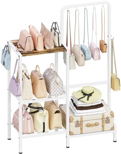 Floor-Standing 3-Tier Purse Organizer, High-Capacity Bag Holder with 8 Hooks, Multi-Functional Purse Rack for Various Bags, Handbag Display Stand Shelf for Closet, Bedroom, Entryway, White by Whoonba