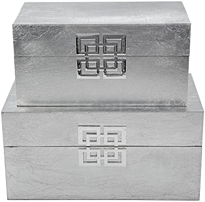 Galt International Storage Box Set Decorative Storage Box w/Hinged Lid Classic Design Wood Decor Boxes with Geometric Clasp Storage for Bedroom & Home - Set of 2 (Silver) - Image 2