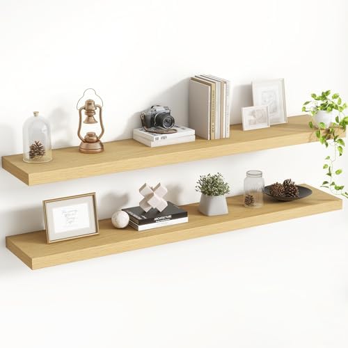 Acovy 48 Inch Floating Shelves, 8 Inch Deep Floating Shelves for Wall, Hanging Shelf with Invisible Brackets, Deep Shelves for Bathroom, Bedroom, Living Room, Oak, Set of 2 by Acovy