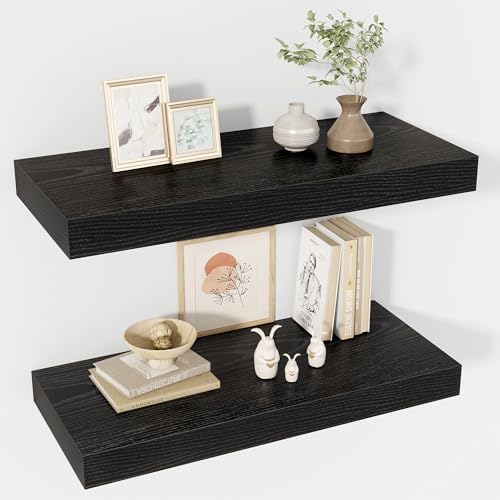Acovy 24 Inch Floating Shelves, 12" Deep Floating Shelf Wall Mounted, 24" Wall Shelves, Rustic Deep Bookshelf, Extra Deeper & Thicker Display Shelves for Bedroom, Living Room, Black, Set of 2 by Acovy