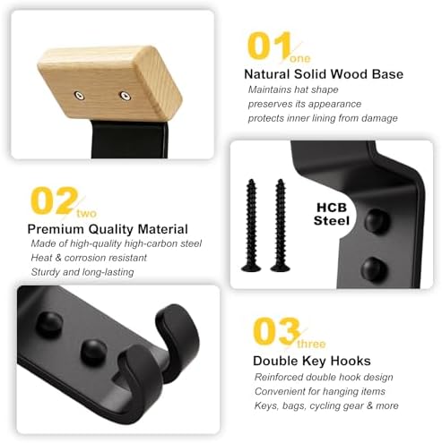 Motorcycle Helmet Holder Wall Mount - Heavy Duty Helmet Hanger Rack with 2 Key Hooks, Solid Wood & Strong Steel Design for Bike, Football, Skiing Sports Gear, Jackets & Hats (Yellow*6) - Image 4
