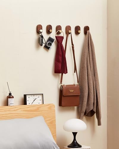 Wood Coat Hooks Wall Mount - Modern Walnut Coat Hook with Brass Accent for Hanging Clothes,Keys,Purse,Robes,Towel,Backpacks, Single Brass Wall Hooks Heavy Duty for Entryway, Closet, Bathroom (6 Pack) - Image 6