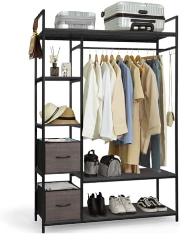 CAPHAUS 979lbs Capacity Heavy Duty Clothing Rack 48" W Metal Garment Rack with Drawers Hanging Rods and Wood Shelves Freestanding Closet Organizer, Black Board by CAPHAUS