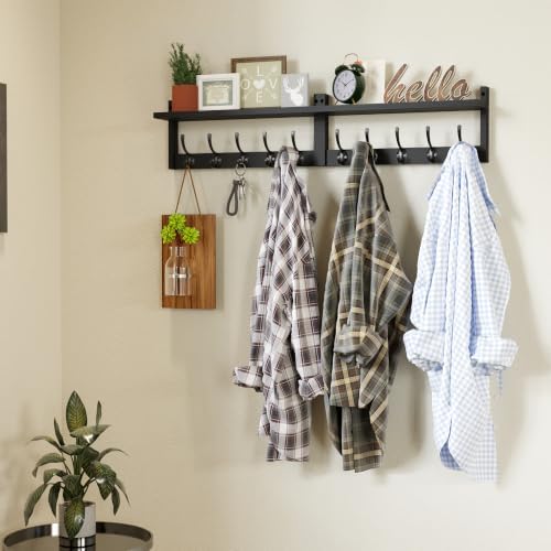 AMBIRD 34.2" Extra Long Wooden Wall Hook Rack with Shelf - Versatile and Decorative Wall-Mounted Storage with 10 Hooks for Coats, Hats, Keys - Ideal for Entryways, Bedrooms, Closets (Stylish Black) - Image 4