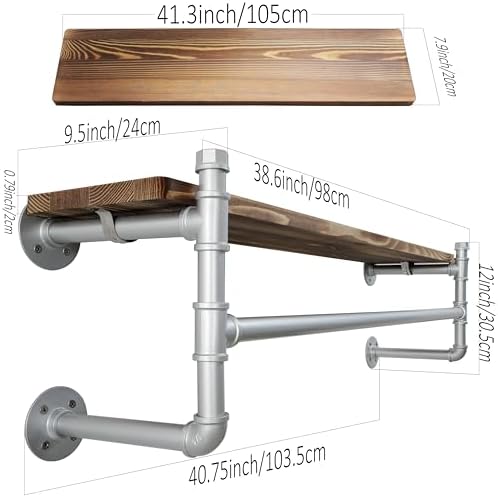 WEBI Wall Mounted Clothes Rack with Shelf,41.3" Industrial Pipe Clothing Rack with Shelf with Hanging Rod,Heavy Duty Iron Garment Rack Bar,Retail Display Clothes Rod for Laundry Room,Closet,Silver - Image 4