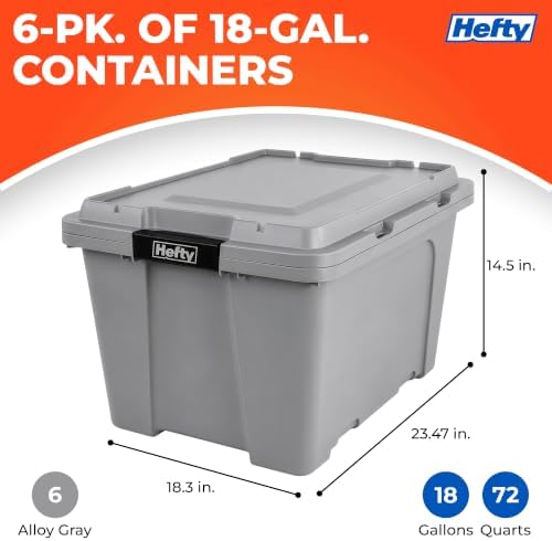 Hefty 18 Gallon Storage Bin with Lid, Heavy Duty Plastic Storage Container Stackable Tote for Garage Closet Home Organization, Large Storage Bin, 6 Pack, Grey - Image 2