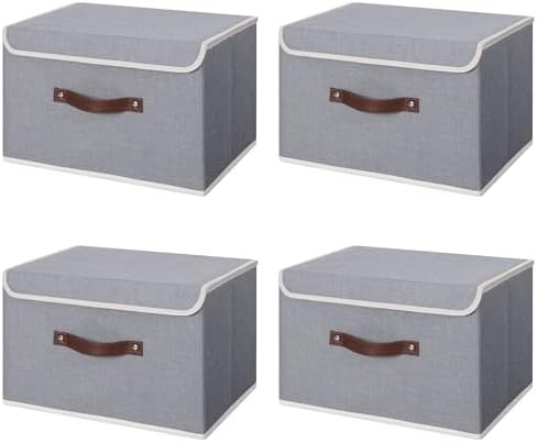 ANMINY Fabric Storage Box Bins with Lids, Gray, 13"x9"x7.9", 4 Pack by ANMINY