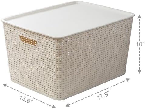 BINO | Plastic Storage Baskets with Lids, 45 Liter - 3 Pack, Natural | THE WOVEN COLLECTION | Storage Basket for Shelves | Woven Storage Baskets for Organizing Bins | Pantry Shelf Organizer Bin - Image 2
