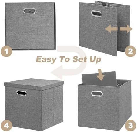 Linen Storage Bins with Lids,13 x 13 Inch Foldable Fabric Cube Baskets Boxes Organizer for Closet, Shelves, and Home. (Gray, (13x13) 4 pack) - Image 7