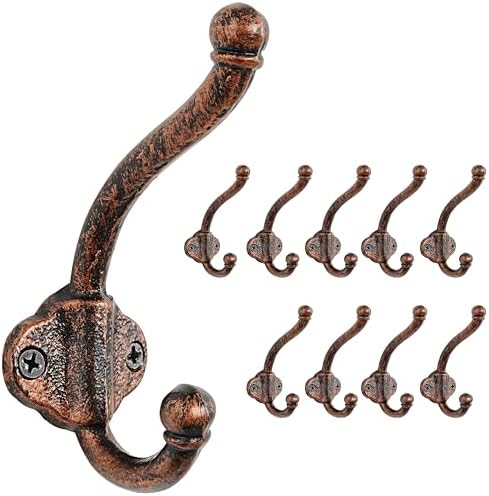 Dseap Cast Iron Wall Hooks L=5”, Heavy Duty Coat Hooks, Rustic Vintage Farmhouse Hook for Hanging Winter Coats Jackets Towels Hats Bags Plants, Antique Copper, Pack of 10 (VintageBold) by Dseap