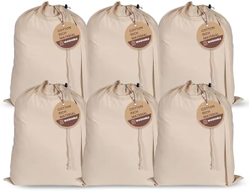 LFH Home Cotton Rich Canvas Extra Large Laundry Bag with Drawstring and Handles Heavy Duty, Multi-Use, and Washable for Home, Travel, College or Storage 24x36 (Pack of 6)-Natural by LFHHomePrivateLimited