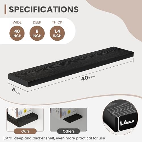 Acovy 40 Inch Floating Shelves, 8 Inch Deep Floating Shelves for Wall, Hanging Shelf with Invisible Brackets, Deep Shelves for Bathroom, Bedroom, Living Room, Black, Set of 2 - Image 3