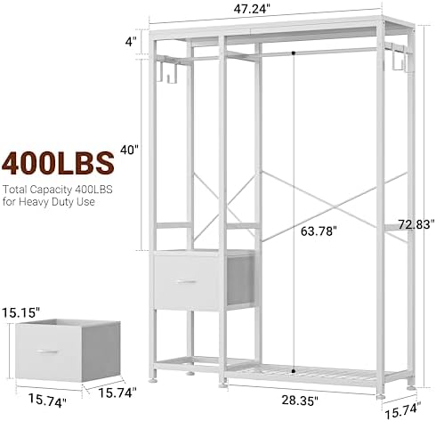 Lulive Clothes Rack with 2 Rods, Shelves, Drawers & Hooks, Garment Rack - Image 4