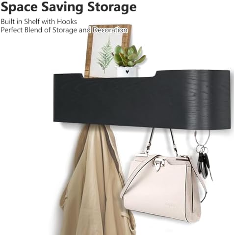 Coat Rack Wall Mount with Shelf 4 Hidden Hooks Modern Wooden Key Holder Entryway Organizer for Hallway Bedroom Bathroom Home Decor Storage for Hanging Coats Hats Bags Towels, Black - Image 2