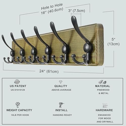 Dseap Coat Rack Wall Mounted - 24" Long 6 Tri Hooks, Heavy Duty Wooden Wall Coat Hanger Coat Hook for Clothes Hat Jacket Clothing, Weathered Green and Black - Image 5