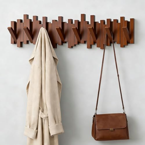 ELECANE Key Holder Wall Mount, Splicable Wooden Piano Coat Rack Wall Mount, Modern Wall Art Flip Down Magnetic Hooks Wall Hook Hat Hanger for Entryway Key Holder Bedroom Kitchen (Brown, 8 Hooks) - Image 5