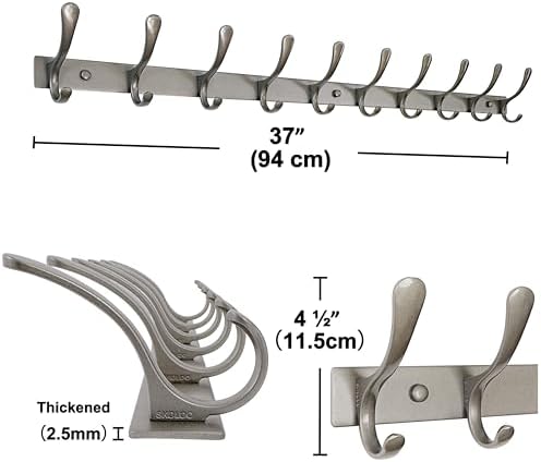 SKOLOO Coat Rack Wall Mounted - 10 Hooks, Heavy Duty, Stainless Steel, Metal Wall Hanger, Sturdy Coat Hooks for Hanging Coats, Jacket, Clothes, Hat, Matte Grey - Image 5