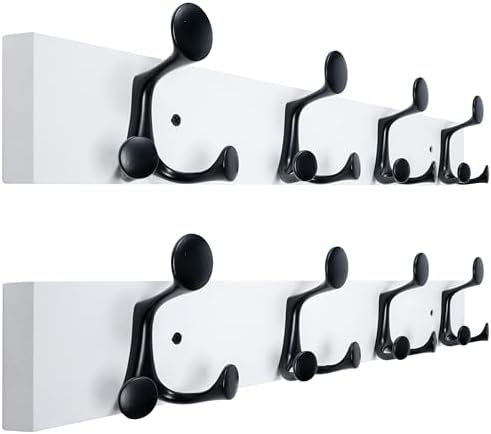 WEBI Coat Rack Wall Mount,24" Solid Wood Coat Hooks Wall Mounted Coat Hanger,16" Hole to Hole,Heavy Duty Hook Rack Rail,4 Triple Hooks for Hanging Coats,Jacket,Clothes,Hat,Backpack,White,2 Packs by WEBI