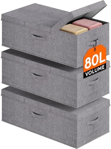Lifewit 80L Under Bed Storage Containers, 9.8 Inch Tall Underbed Clothes Storage Organizer Bin with Sturdy Sidewalls, Bottom, 3 Lids, Deep Storage Drawer for Clothes, Shoes, Blankets, Pillows 3 Pack by Lifewit