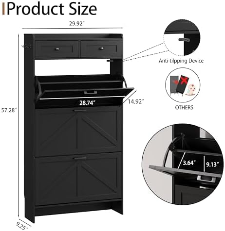 Shoe Cabinet with 3 Flip Drawers & 2 Top Drawers, 57" Tall Freestanding Narrow Wooden Shoe Storage Organizer for Entryway, Hidden Slim Shoe Rack for Front Door Entrance, Hallway, Living Room, Black - Image 2