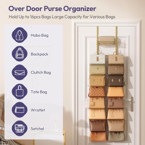 SWTYMIKI Over the Door Purse Organizer - Wall Mounted Handbag Organizer with 16 Hooks and Metal Basket, Hanging Purse Storage Rack Holds up to 16 Bags, Bag Rack Can Use As 1/2 Part, for Door, Closet - Image 5