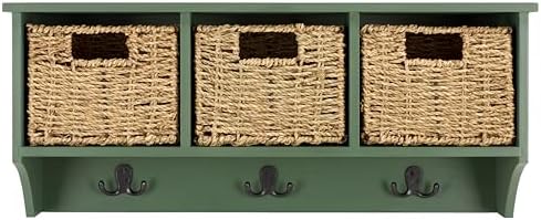 SAFAVIEH Home Collection - Finley Dusty Green Wall Mounted 3-Basket Storage Rack with Hooks & Seagrass Baskets (HAC5700G) by Unknown