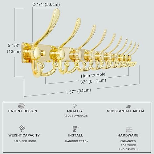 Dseap Coat Rack Wall Mount 37 Inch, Heavy Duty 12-Gauge Base vs Flimsy 1mm, Double-Thick Solid Anti-Snap Hooks, 16” Stud-Mount, Stainless Steel 10-Hook Hanger for Closet Entryway, Gold - Image 6